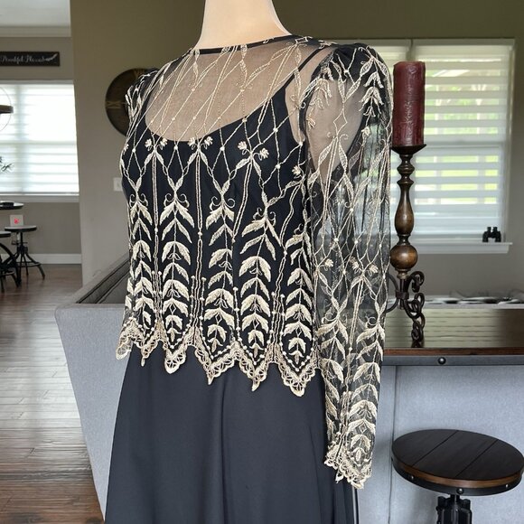 Vtg Cachet by Bari Protas Black Evening Gown Size 11/12 Gold Embroidered Sheer - Picture 6 of 16